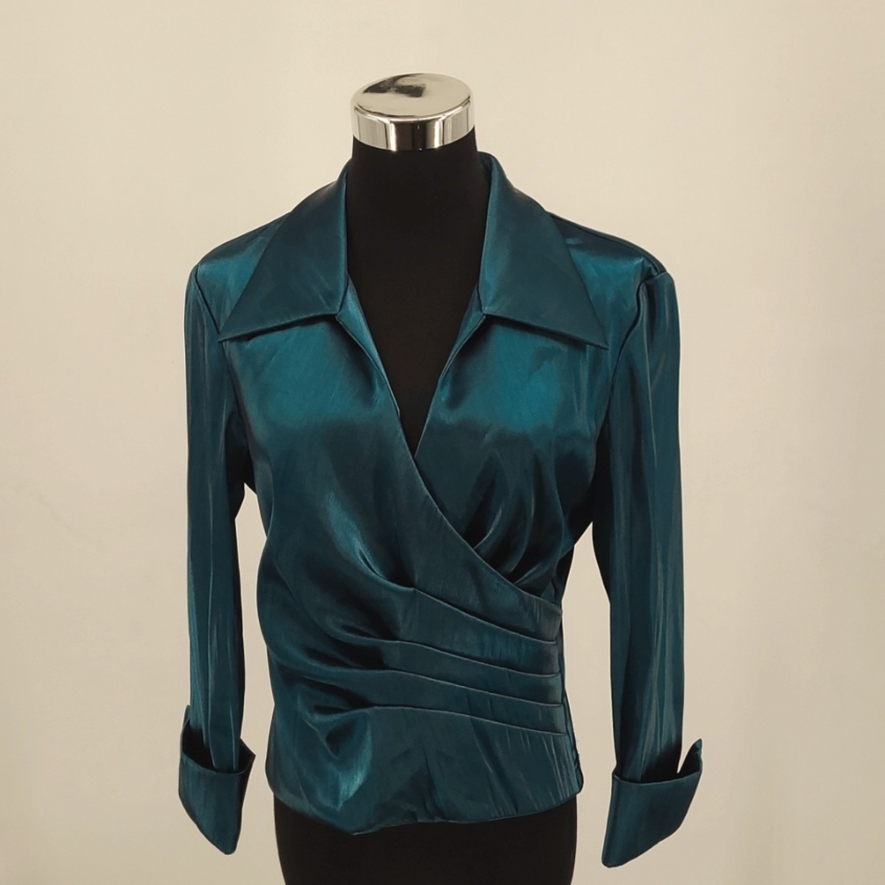 Cachet Teal Blue Satin Wrap Blouse Pleated Waistβ Long Sleeve Evening Top Size 8